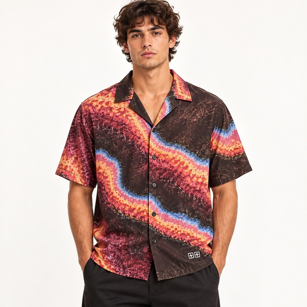 Ksubi Shirt Tencel Psychedelic Swirl Resort Mens XL Multi Color Short Sleeve